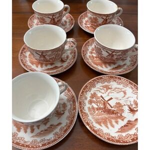 Vtg Set  Brown White Transferware Cups Saucers Windmill Sailboat Scene Japan